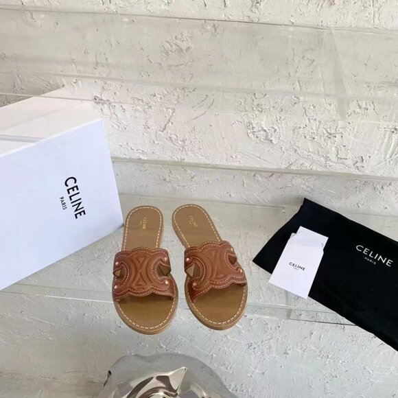 Celine Tan Leather Slide Sandals - Picture 1 of 8